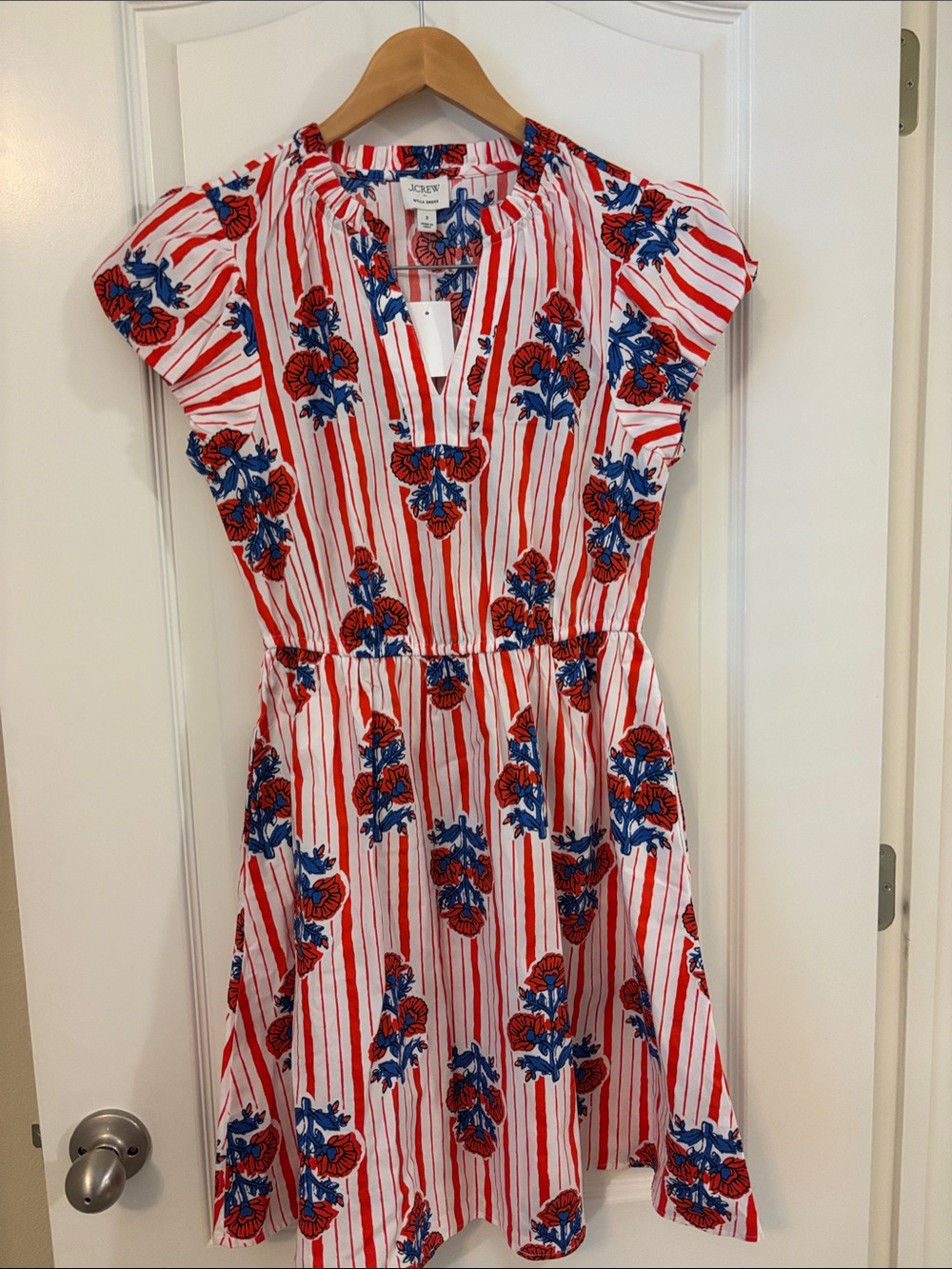 J. Crew Willa Dress - White with Red Stripes & Blue Floral Print